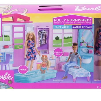 Barbie Ferienhaus mit Möbeln und Puppe (blond)